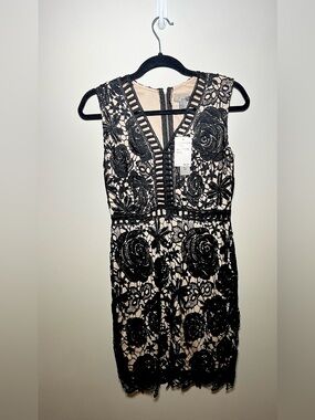 Sleeveless Black Lace Midi Dress with Nude Lining